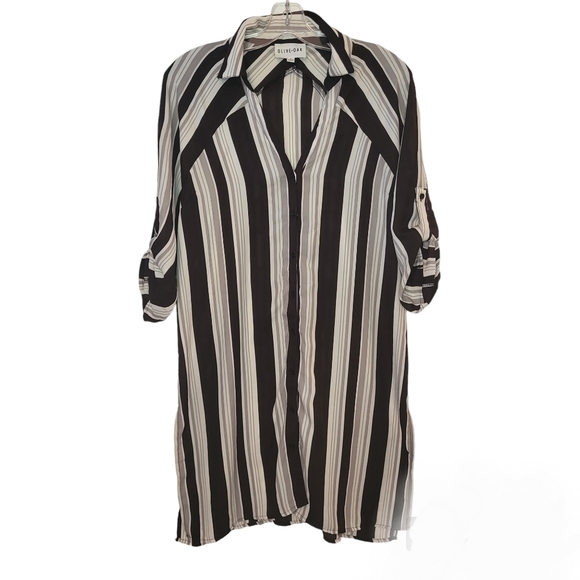 Olive and Oak Anthropology Long Blouse Button Up Shirt Black and Grey St… - Picture 1 of 10